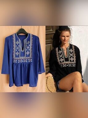 Blue Embroidered 3/4 Sleeve Peasant Tunic Blouse
